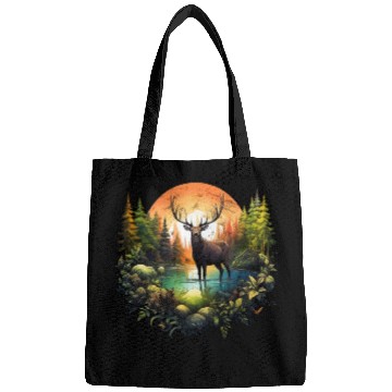 Discover Reindeer between trees river and nature Bags