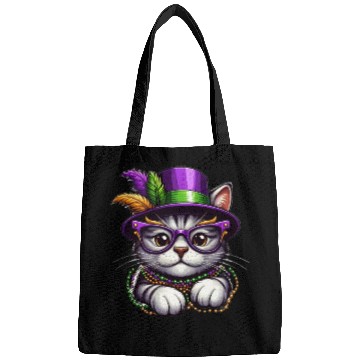 Discover Mardi Gras cat with hat and glasses Bags