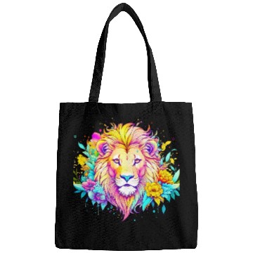 Discover Colorful lion surrounded by flowers Bags