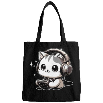 Discover kitty cat listening to music Bags