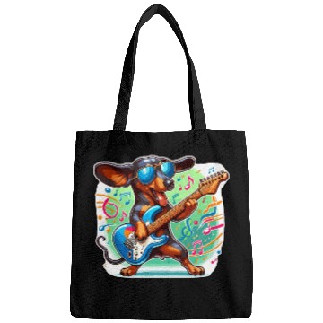 Discover Cute Dachshund playing E-Guitar Bags
