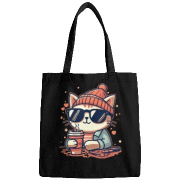 Discover Cat wearing sunglasses drink coffee stickers Bags