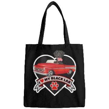 Discover Cute black lab in classic truck inside a heart Bags