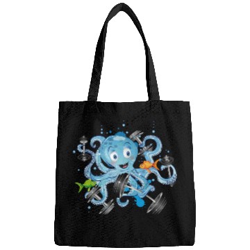 Discover Bodybuilder octopus with dumbbells training Bags