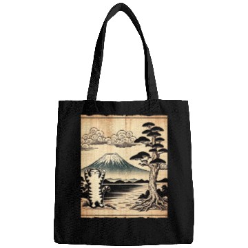 Discover Mt. Fuji Kitten Papyrus Scroll Retro Japanese Art Bags