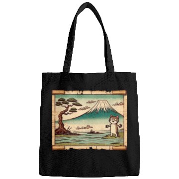 Discover Mt. Fuji Kitten Papyrus Scroll Retro Japanese Art Bags