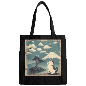 Discover Mt. Fuji Kitten Papyrus Scroll Retro Japanese Art Bags