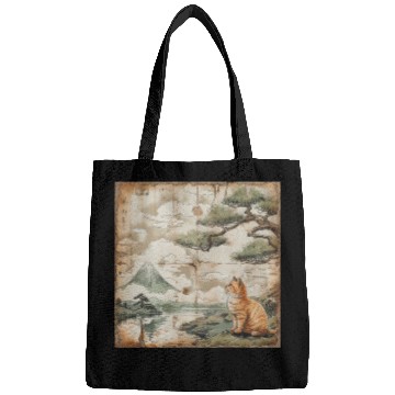 Discover Mt. Fuji Kitten Papyrus Scroll Retro Japanese Art Bags