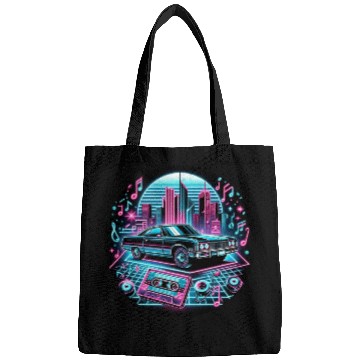 Discover Retro Vintage Car & Cassette Tape Neon Design Bags
