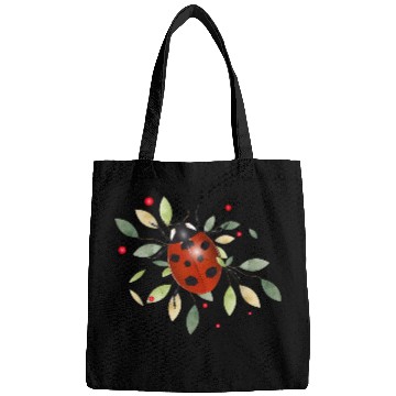 Discover red glowing ladybug with green leaves Bags