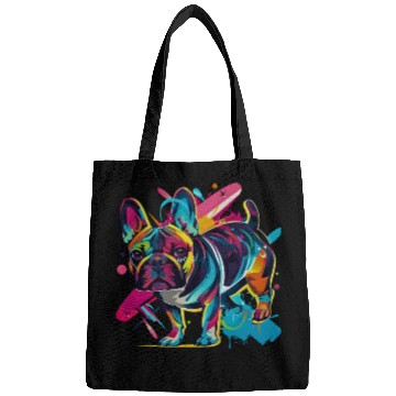 Discover Neon Paws: French Bulldog in 80s Pop Art Style Bags