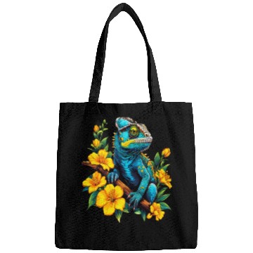 Discover Chameleon on a Branch Surrounded by Flowers Bags