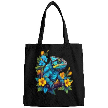 Discover Chameleon Sitting on Branch Surrounded by Flowers Bags