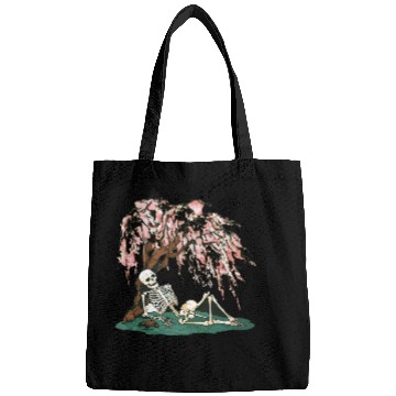 Discover Skeleton in Repose Under a Cherry Blossom Tree Bags