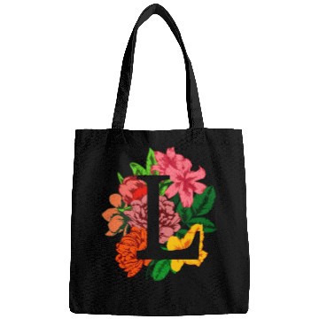 Discover Capital letter L monogram with peony, lily flowers Bags