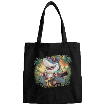Discover Funny shark with guitar summer beach holiday Bags