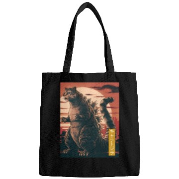 Discover Funny Cute Cat Art Japanese Sunset Retro Catzilla Bags