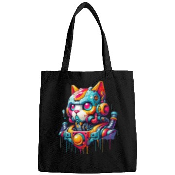 Discover Cat designed as a robot in comic graffiti style Bags