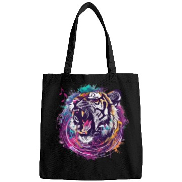 Discover A fierce tiger roaring with musical notes emanatin Bags