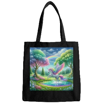 Discover Enchanted Rainbow Unicorn Over Sparkling Pond Bags