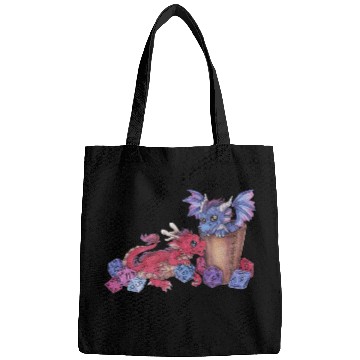 Discover Cute dragon chibi with dice D20 pen and paper Bags