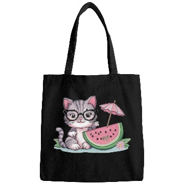 Discover cute kitten an watermelon slice vector illustratio Bags