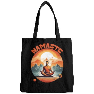 Discover SERENITY AMIDST PEAKS: YOGA NAMASTE Bags