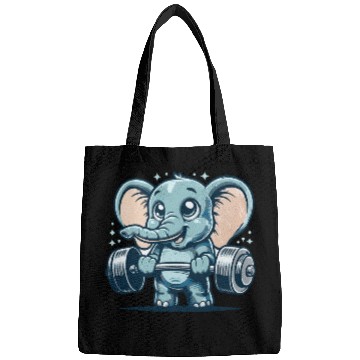Discover cute cartoon elephant doing strength training Bags