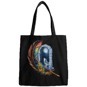Discover Glowing feather with wolf howling at the moon Bags