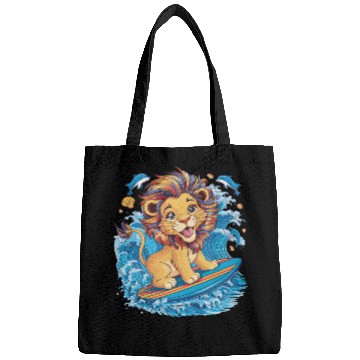 Discover Cute Surfing Lion Riding the Waves Bags