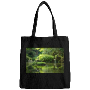 Discover Serene Pond with Bird on Mossy Rock Bags