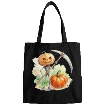 Discover Pumpkin headed skeleton wielding a menacing scythe Bags