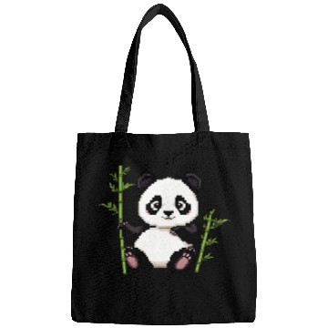 Discover A pixel art of a panda with a bamboo leaf Bags