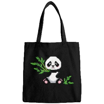 Discover A pixel art of a panda with a bamboo leaf Bags