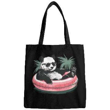Discover Panda with sunglasses in a pink swimming ring Bags