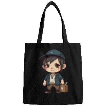 Discover Chibi Boy with a Serious Expression Bags