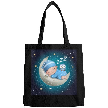 Discover Sleeping baby on the moon with owl. Bags