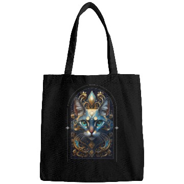 Discover Elegant stylish blue and gold cat face Bags