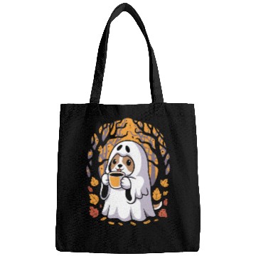 Discover Cute Ghost Dog Sipping Coffee Halloween Bags