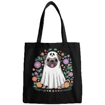 Discover Halloween Pug Ghost Surrounded by Flowers Bags