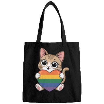 Discover Cute Cat Holding Rainbow Heart LGTBQ Bags