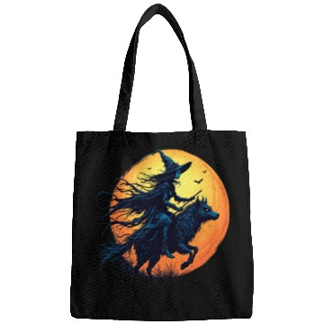 Discover Halloween Witch Riding a Wolf Under Full Moon Bags