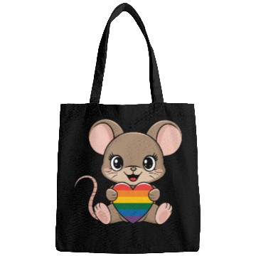 Discover Cute Mouse Holding LGTBQ Rainbow Heart Bags