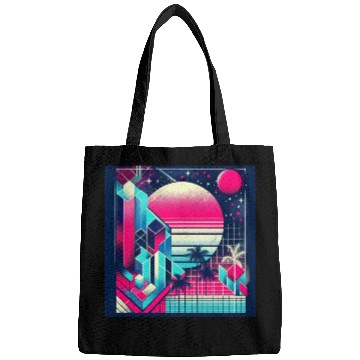 Discover "Retro Neon Cityscape: Geometric Risograph Design" Bags