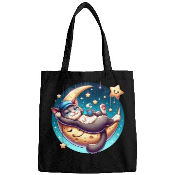 Discover Cute Cat Relaxing on Moon with Stars and Coffee Bags