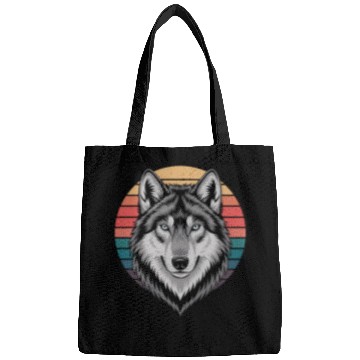 Discover Retro Wolf Head Against Colorful Sunset Bags