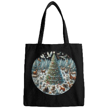 Discover Snow-Dusted Christmas Tree with Woodland Animals Bags