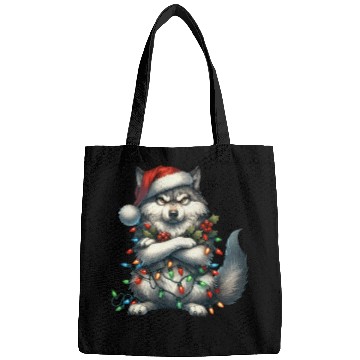 Discover Wolf with Santa Hat and Christmas Lights Design Bags
