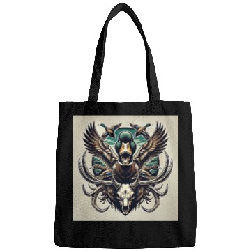 Discover Mallard duck flying over deer skull in marsh Bags