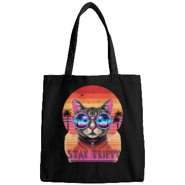 Discover Stay Trippy Psychedelic Cat with Neon Sunglasses Bags